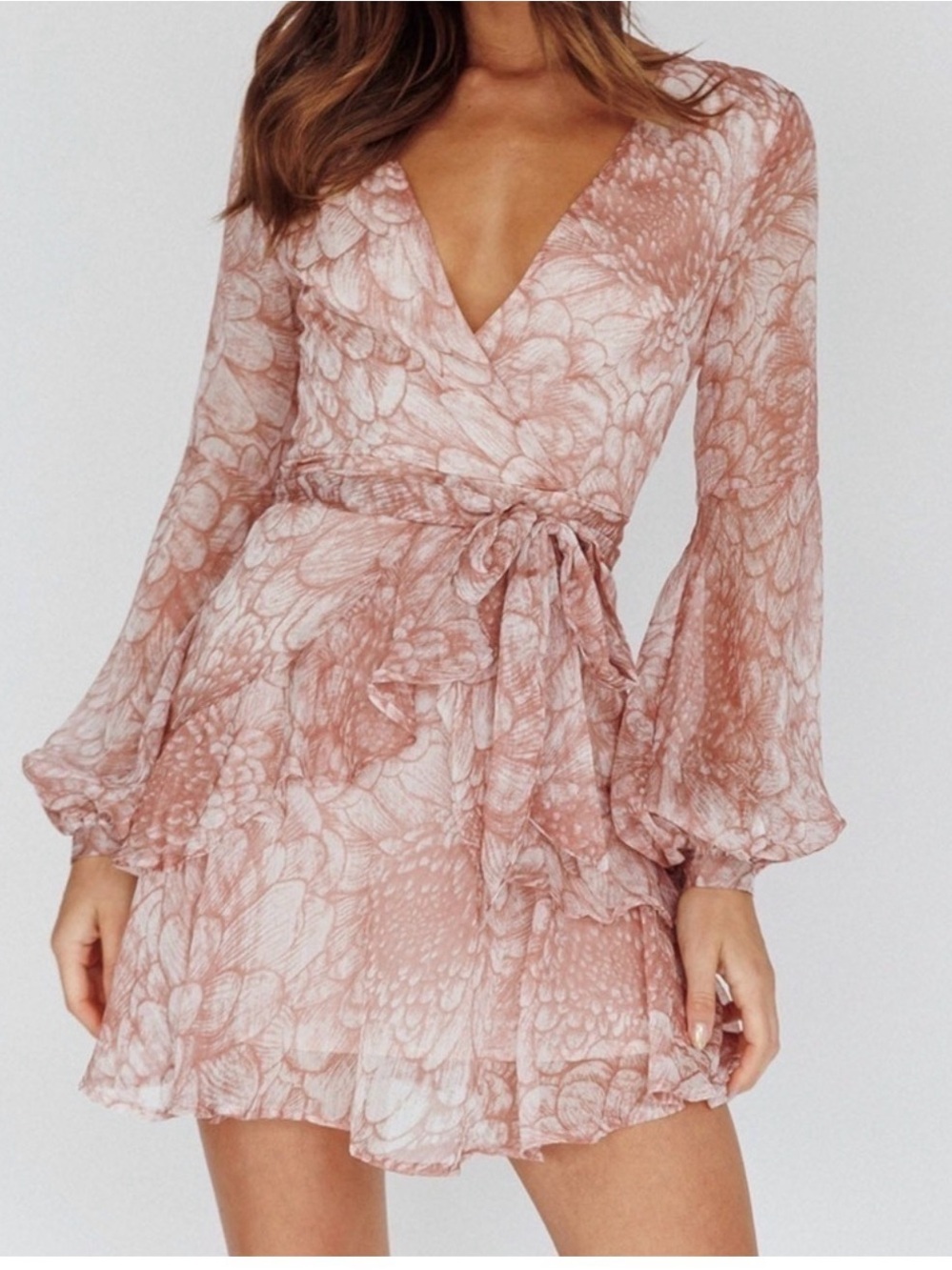 Saints + Secrets Wedding Whimsical Floral Deep VNeck Tiered Mini Dress